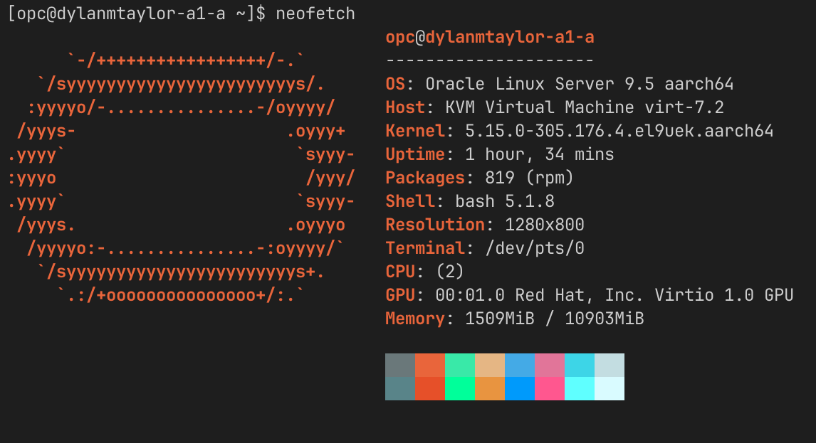 Screenshot of Oracle Linux 9 ARM instance's neofecth output in OCI